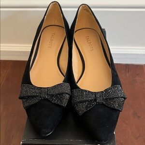 Talbots Black Velvet Flats with Sparkling Bow Size 10